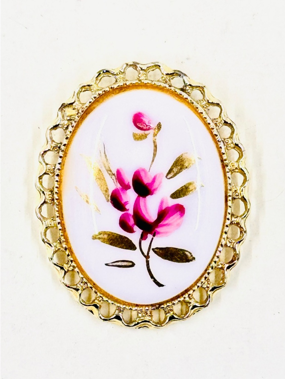 Vintage Gold Tone Framed Milk Glass Hand-Painted Pink Floral Cameo Style Brooch